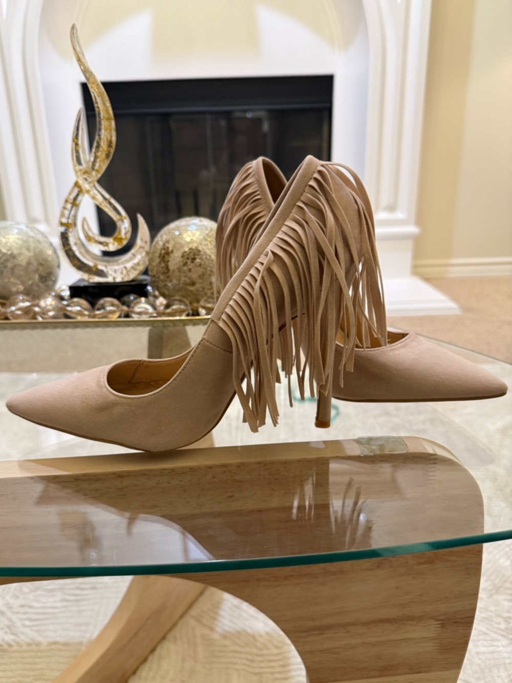 Fringe Pointed-Toe High Heels in Taupe - Picture 3 of 11